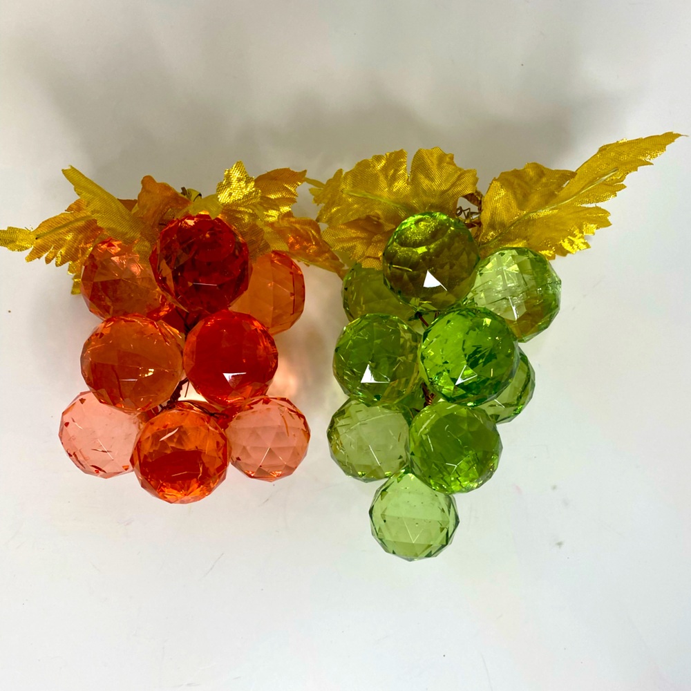 Vintage Set of 2 Bunches of Faceted Acrylic/Lucite Grapes Red Green Gold Foliage